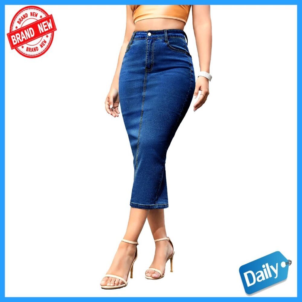Stretch Denim Midi Skirt with Pockets, Back Slit, Bodycon Fit